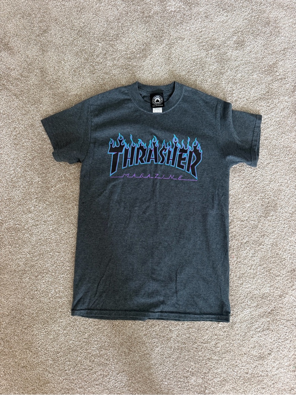 Thrasher Kids Charcoal Tee with Blue & Purple Flame Logo